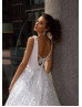 Boat Neck White Sequin Tulle Wedding Dress